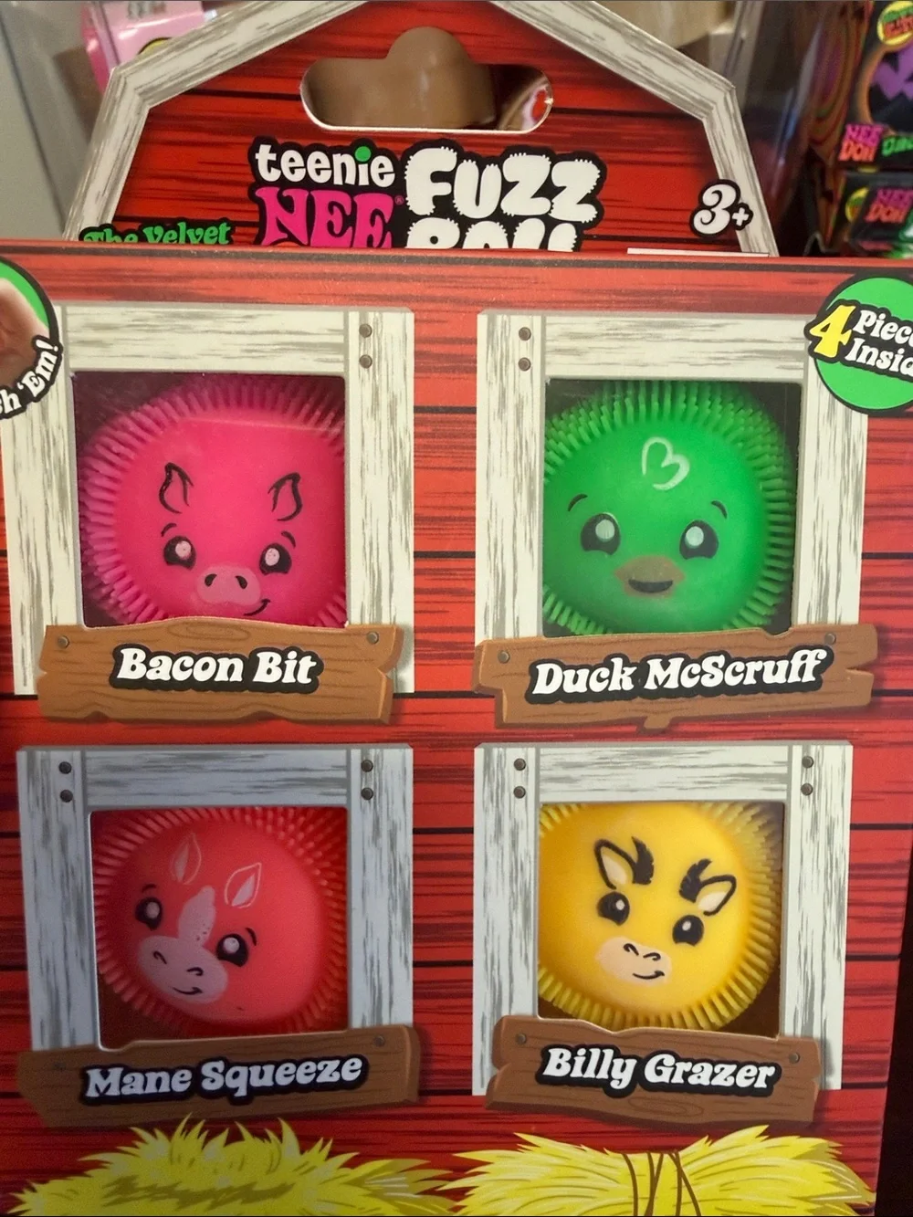 Teenie Needoh Fuzz Ball Farmyard 4-Pack - Pink, Green, Orange, Yellow